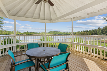 a gazebo interior with a table and chairs overlooking  a lake
